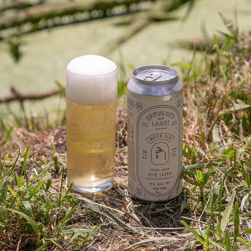 A rice lager in a can and pint glass from The Drowned Lands Brewery